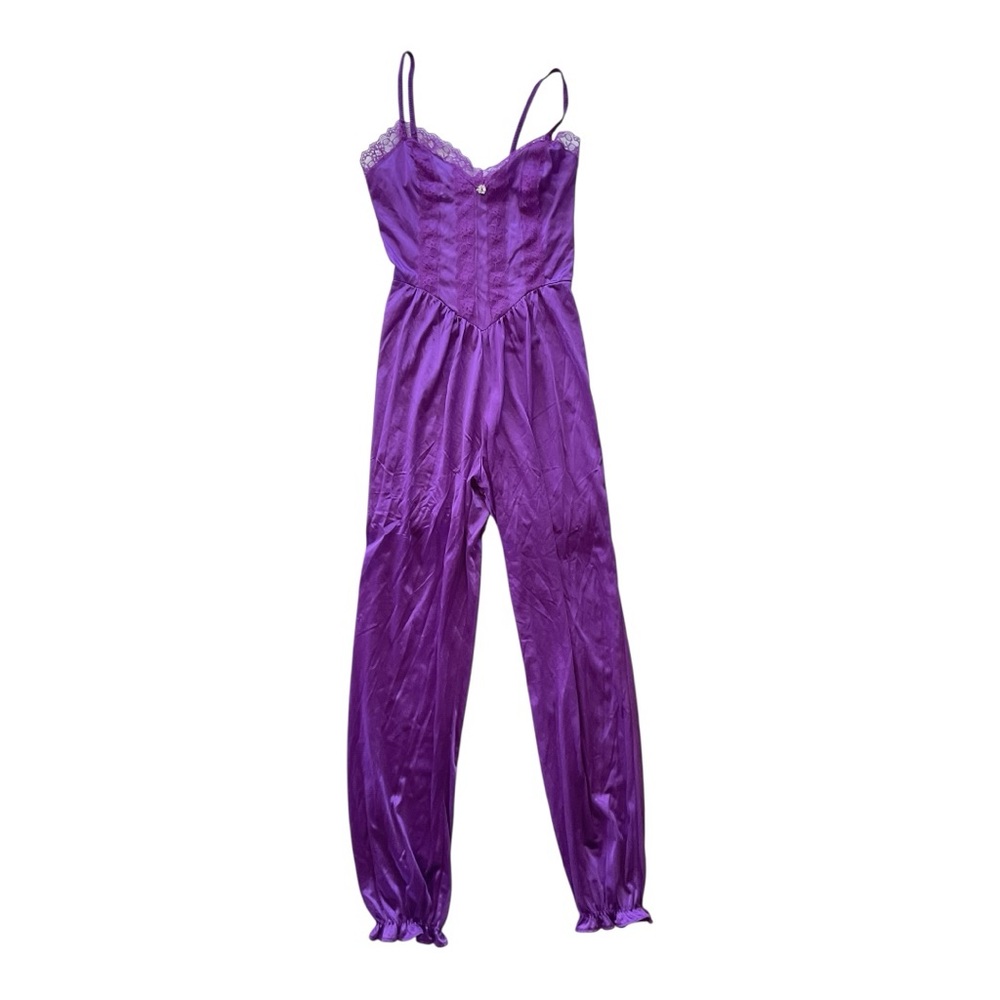 Lady Cameo Vintage Purple Satin Lace Trim Jumpsuit Women’s Size Medium